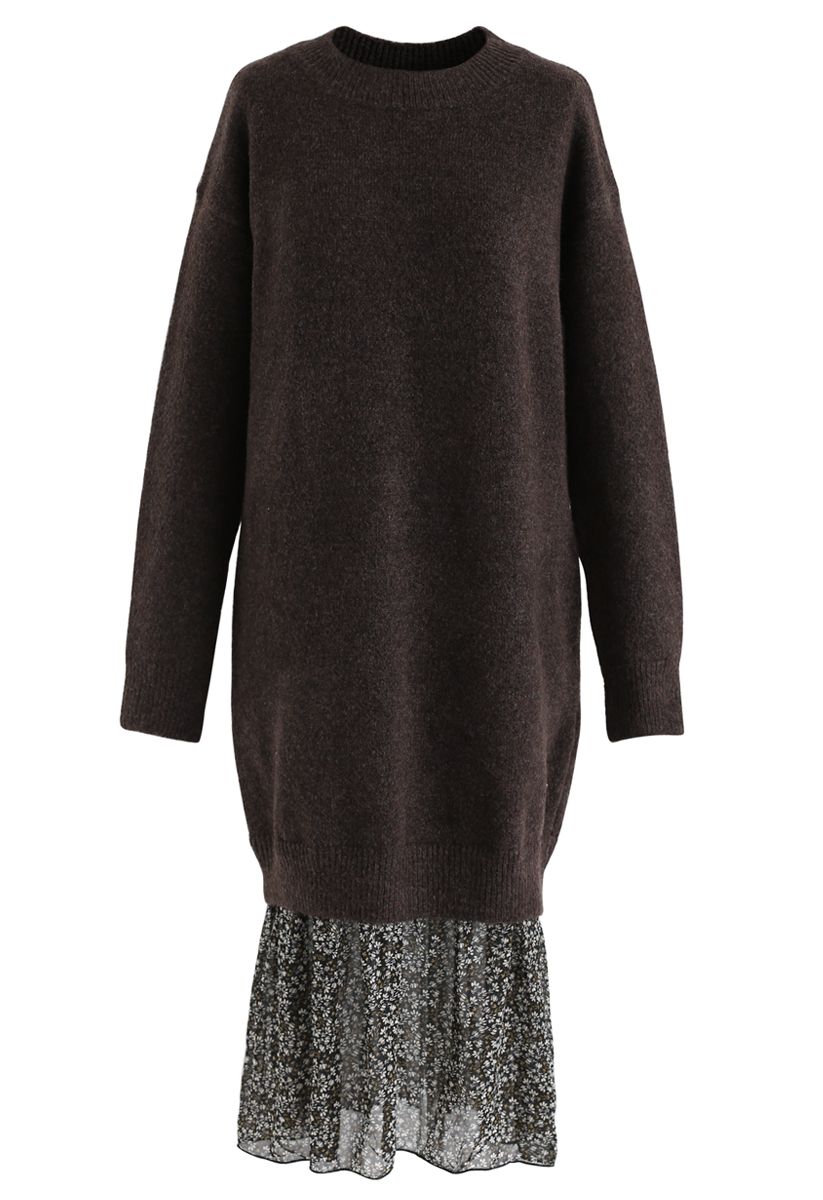Fake Two-Piece Soft Knit Shift Dress in Brown