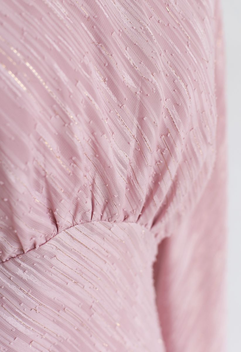 Slanted Lines Puff Sleeves Midi Dress in Pink