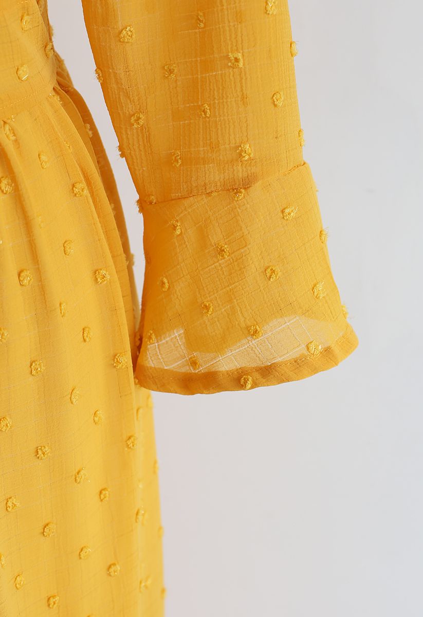 Flock Dots Wrapped Ruffle Maxi Dress in Mustard