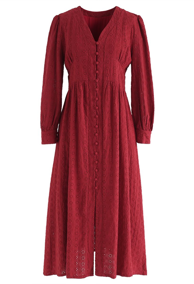 Perforated Embroidered Button Down Boho Dress