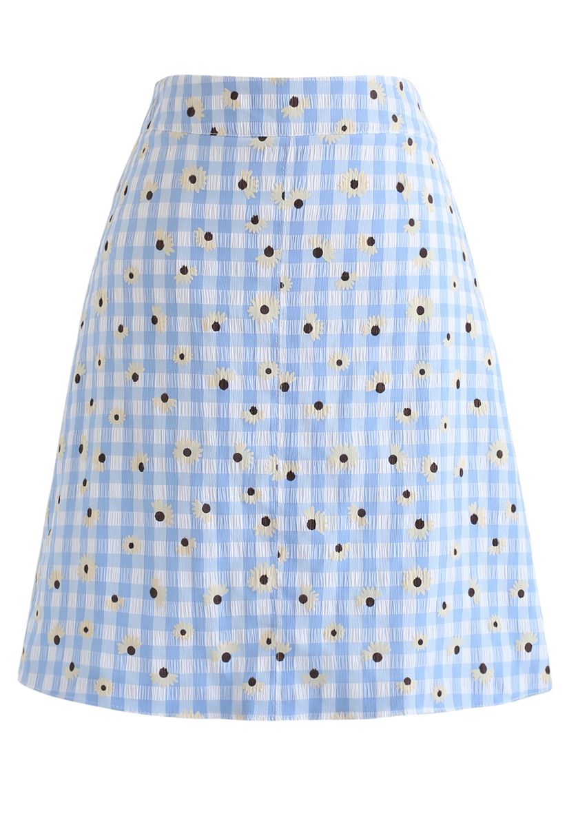 Summer Daisy Printed Gingham Bud Skirt in Blue