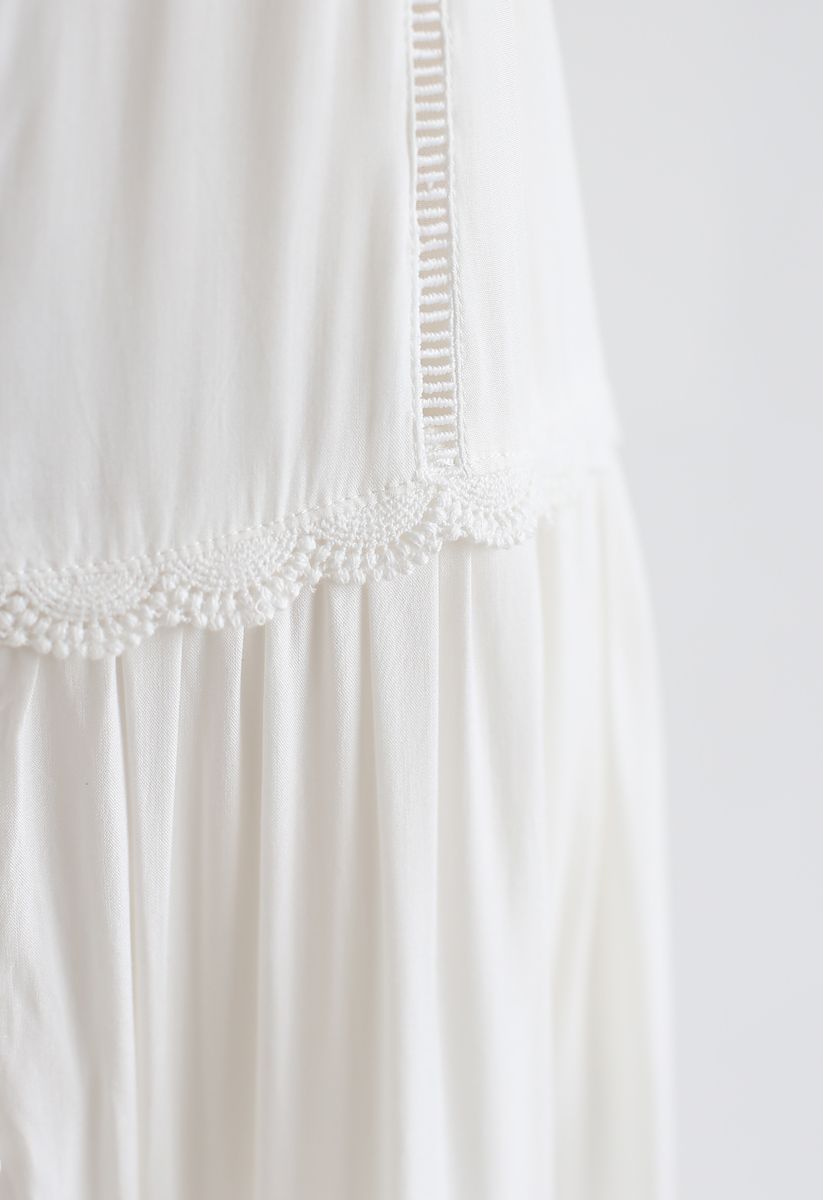 Crochet Trims Panelled Button Down Sleeveless Maxi Dress in White