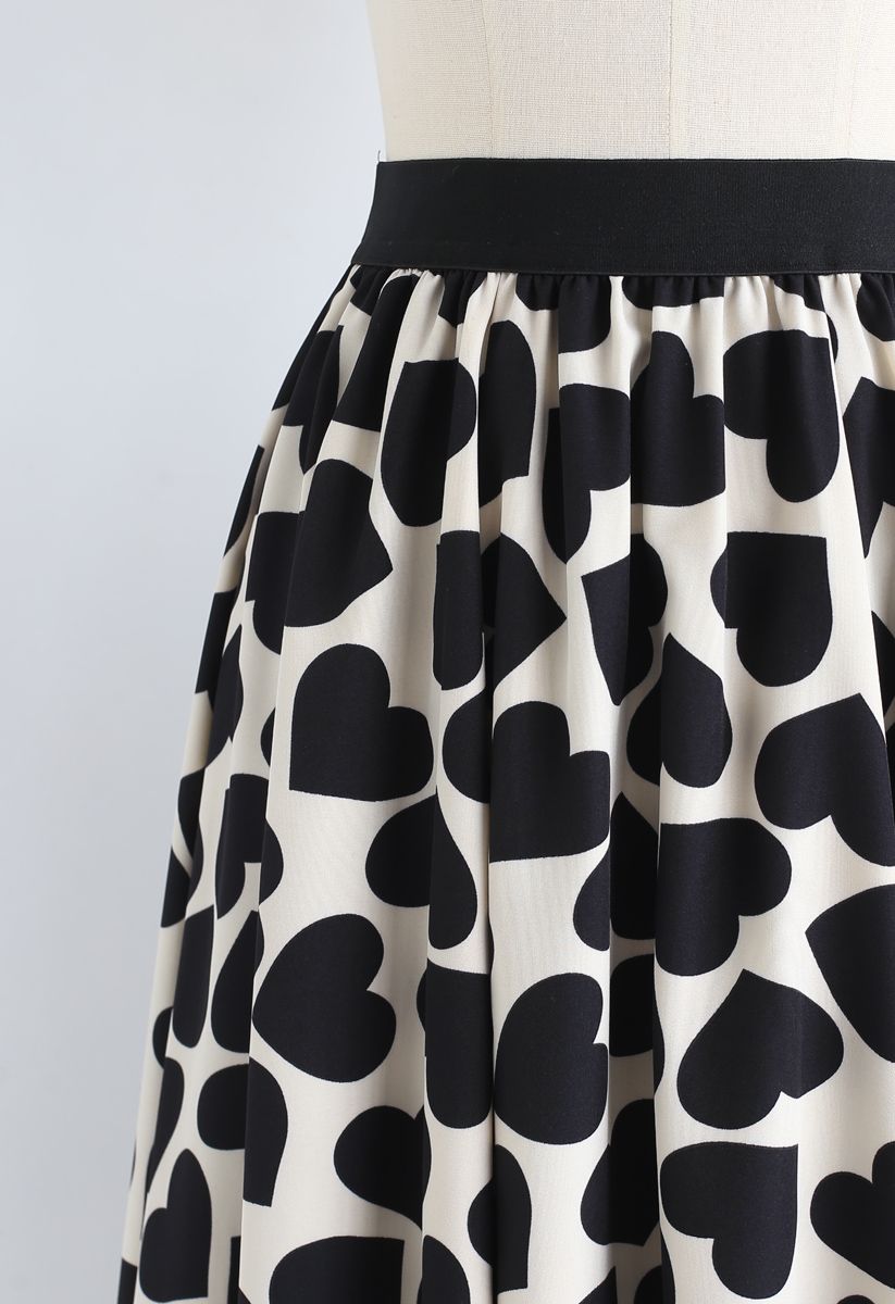All-Over Black Heart Pattern Midi Skirt