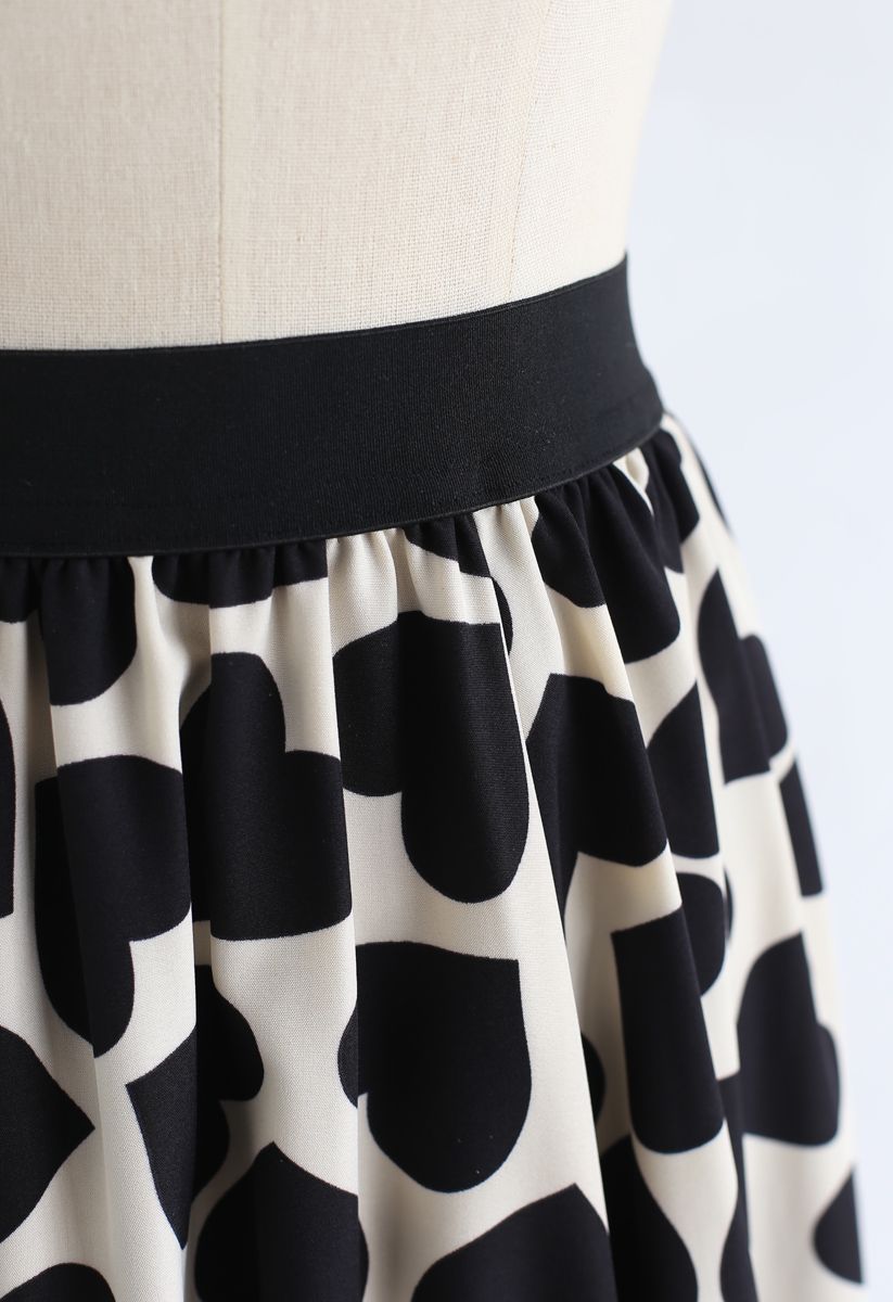 All-Over Black Heart Pattern Midi Skirt