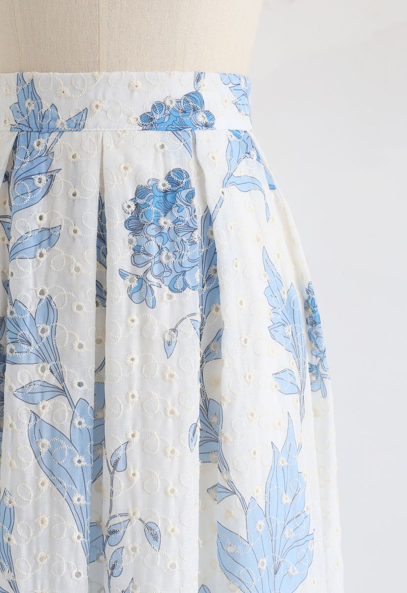 Blue Floral Printed Eyelet Embroidered Midi Skirt