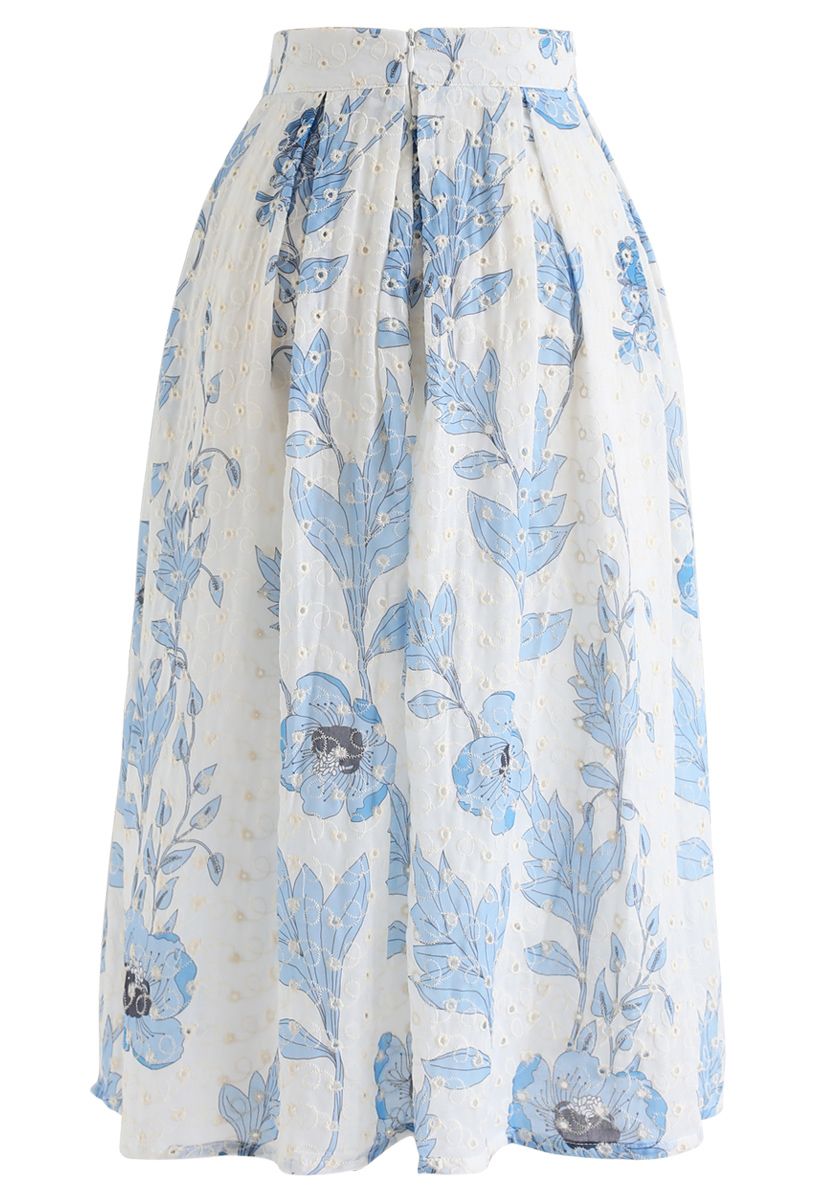 Blue Floral Printed Eyelet Embroidered Midi Skirt