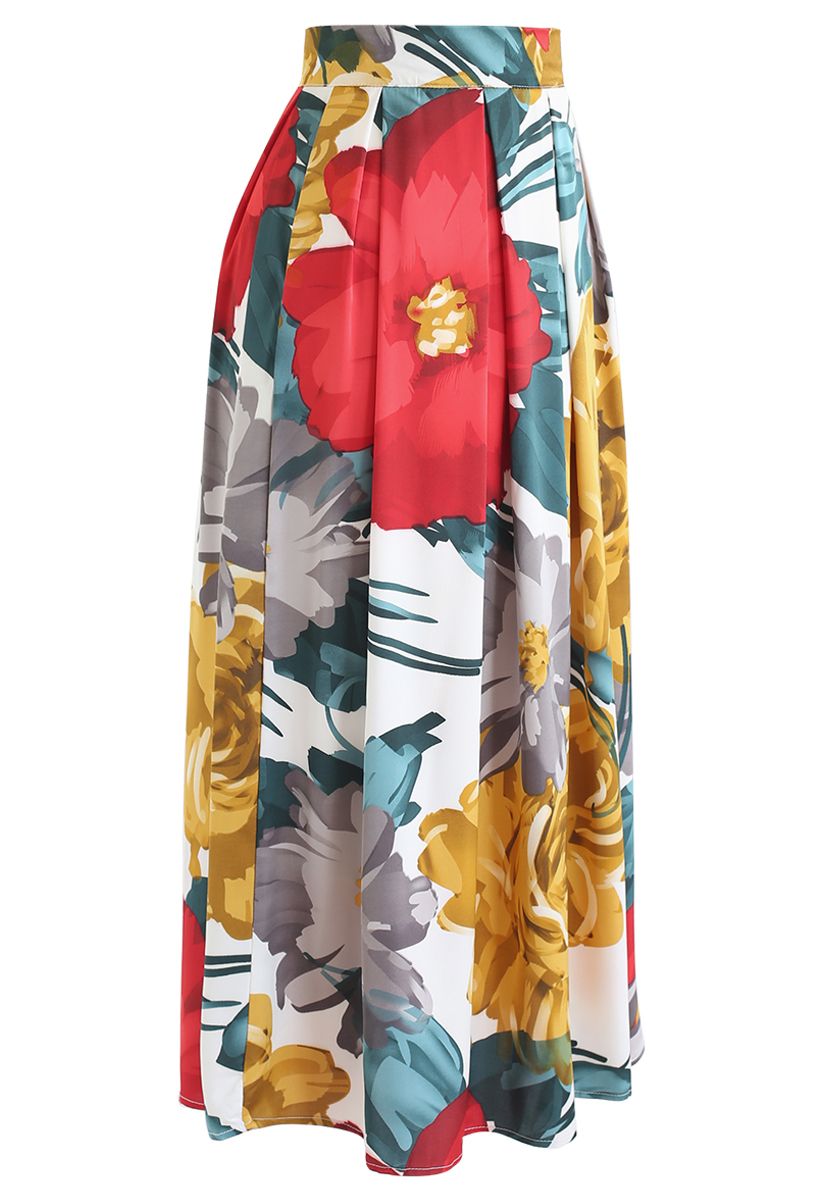 Brilliant Floral Print Pleated Midi Skirt