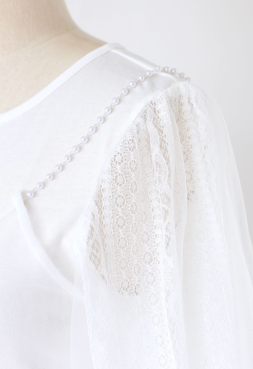 Lacy Bubble Sleeves Top and Pearl Trim Cami Top Set in White