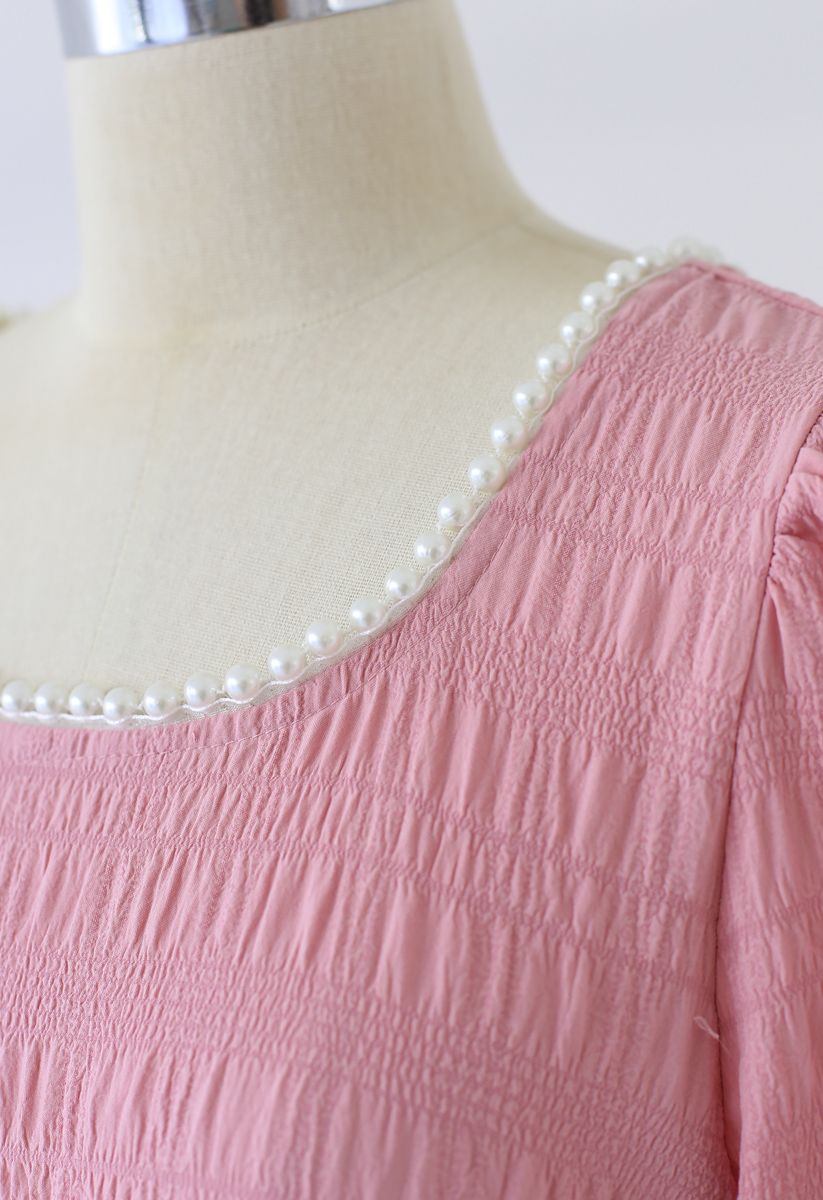 Pearl Trim Round Neck Midi Dress in Pink