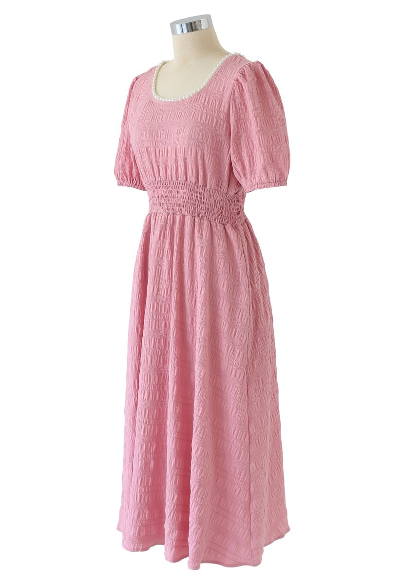 Pearl Trim Round Neck Midi Dress in Pink