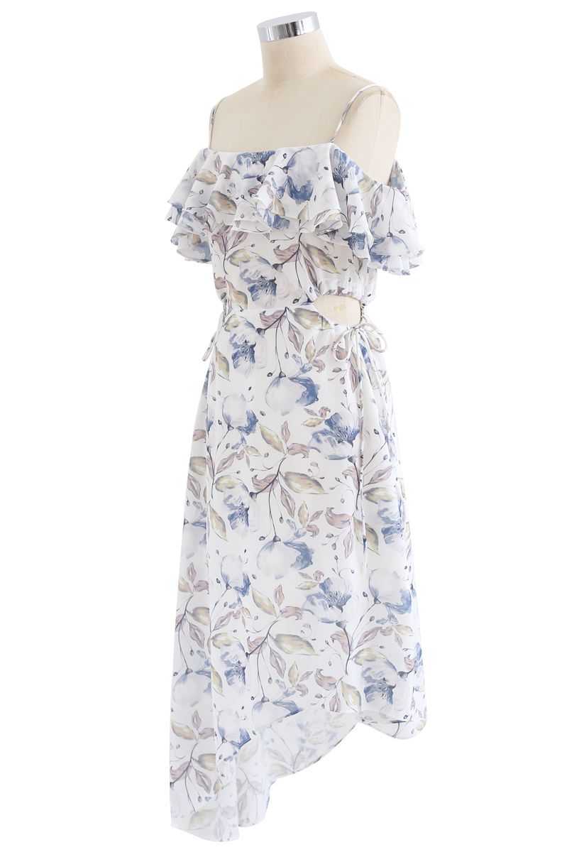 Flower and Leaf Print Asymmetric Cold-Shoulder Dress