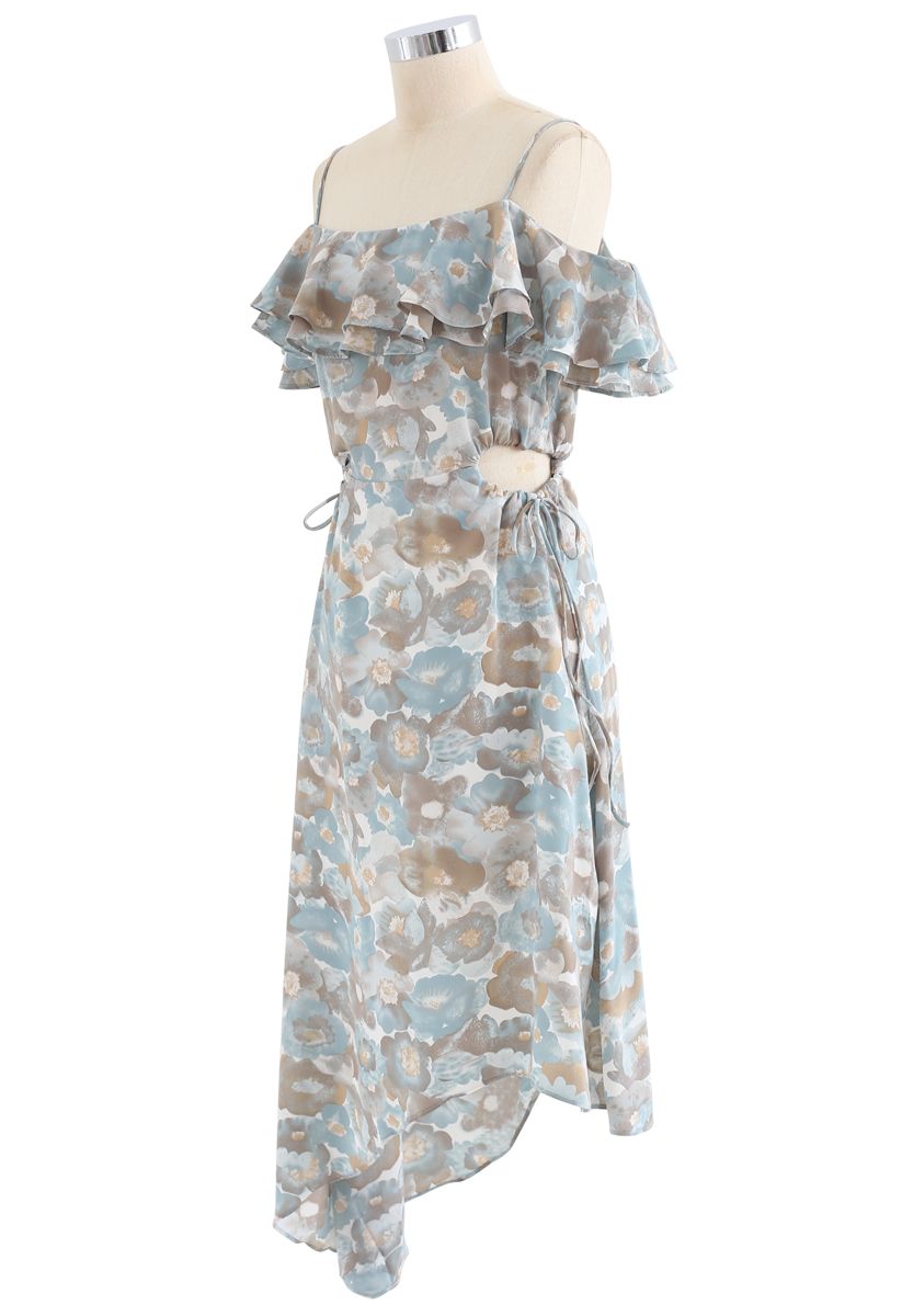 Floral Asymmetric Cold-Shoulder Dress