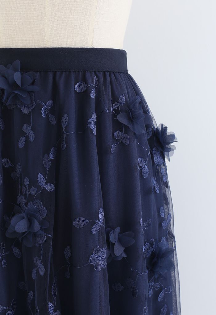 3D Mesh Flower Embroidered Tulle Midi Skirt in Navy