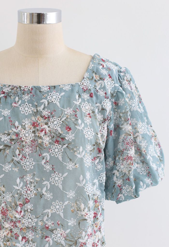 Floral Print Embroidered Bubble Sleeves Chiffon Top in Teal
