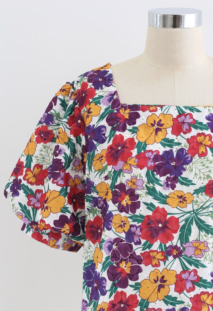 Square Neck Multi Blossom Eyelet Embroidered Top