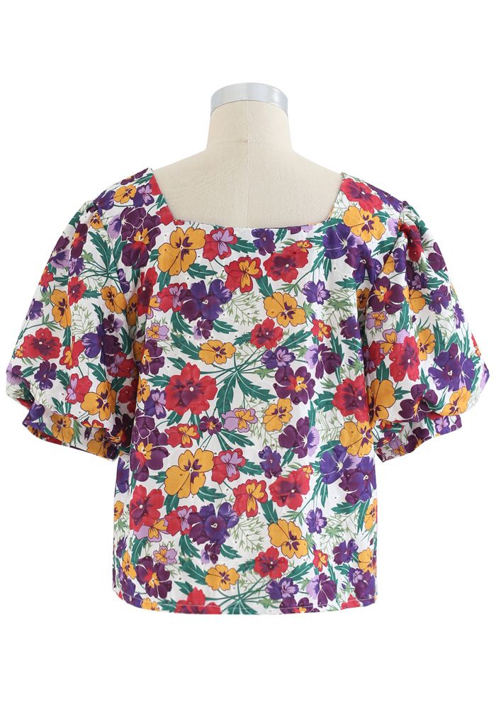 Square Neck Multi Blossom Eyelet Embroidered Top