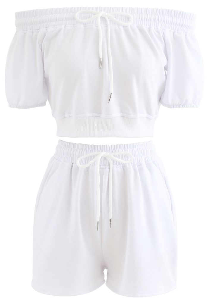 Drawstring Off-Shoulder Crop Top and Shorts Set in White