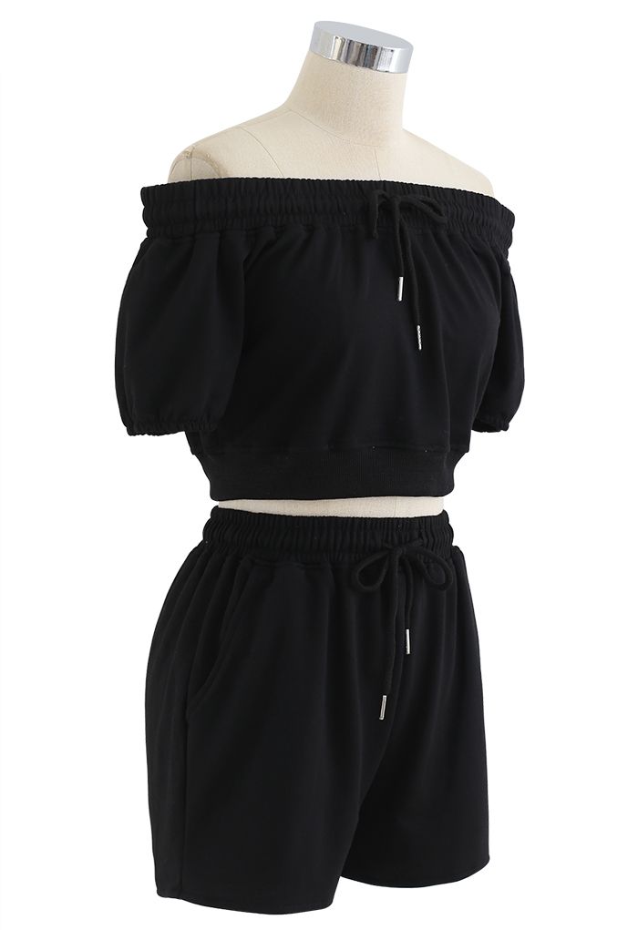 Drawstring Off-Shoulder Crop Top and Shorts Set in Black