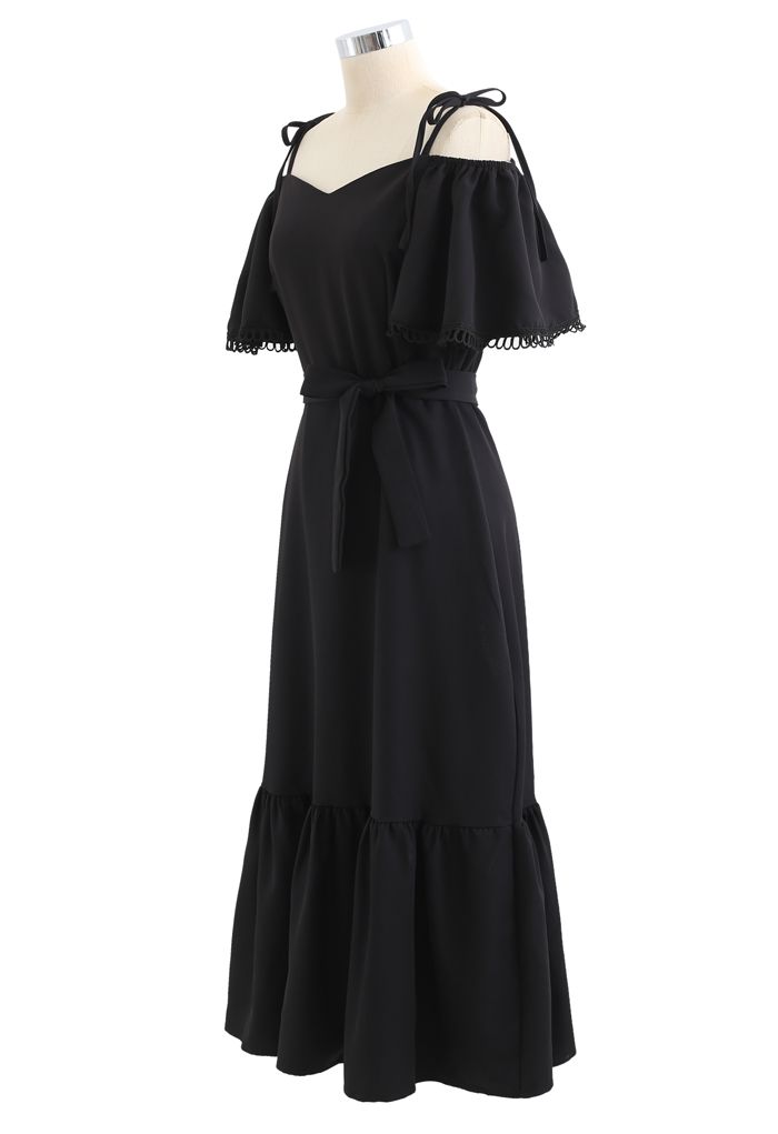 Cold-Shoulder Flare Sleeves Frill Hem Dress in Black