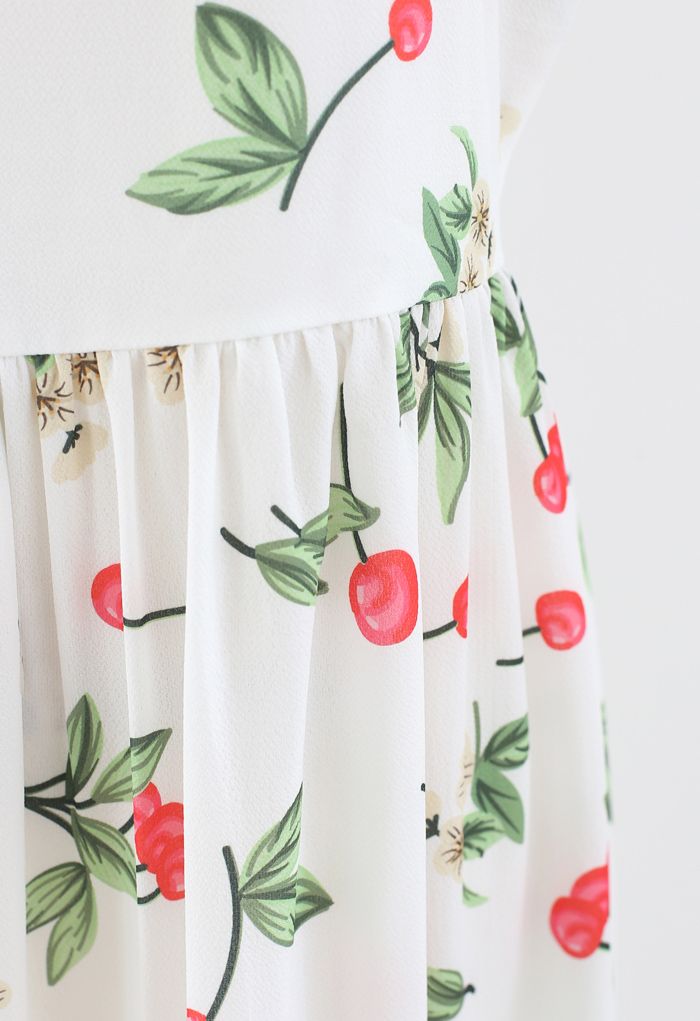 Cherry Print Tie Shoulder Midi Dress