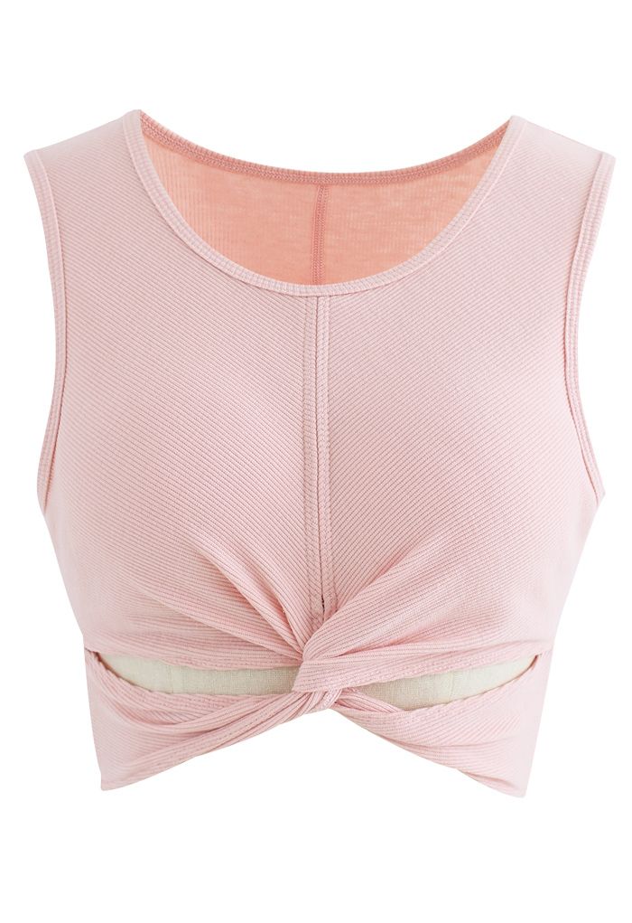 Twist Front Ribbed Sleeveless Low-Impact Sports Bra in Nude Pink