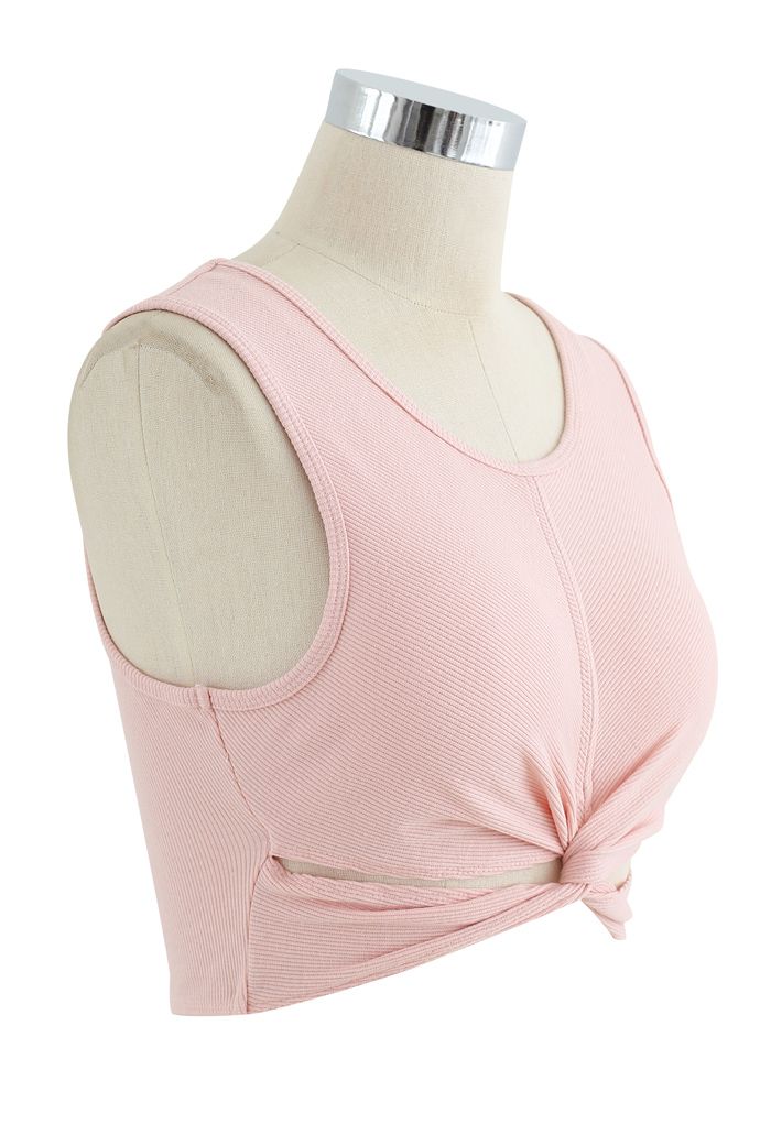 Twist Front Ribbed Sleeveless Low-Impact Sports Bra in Nude Pink