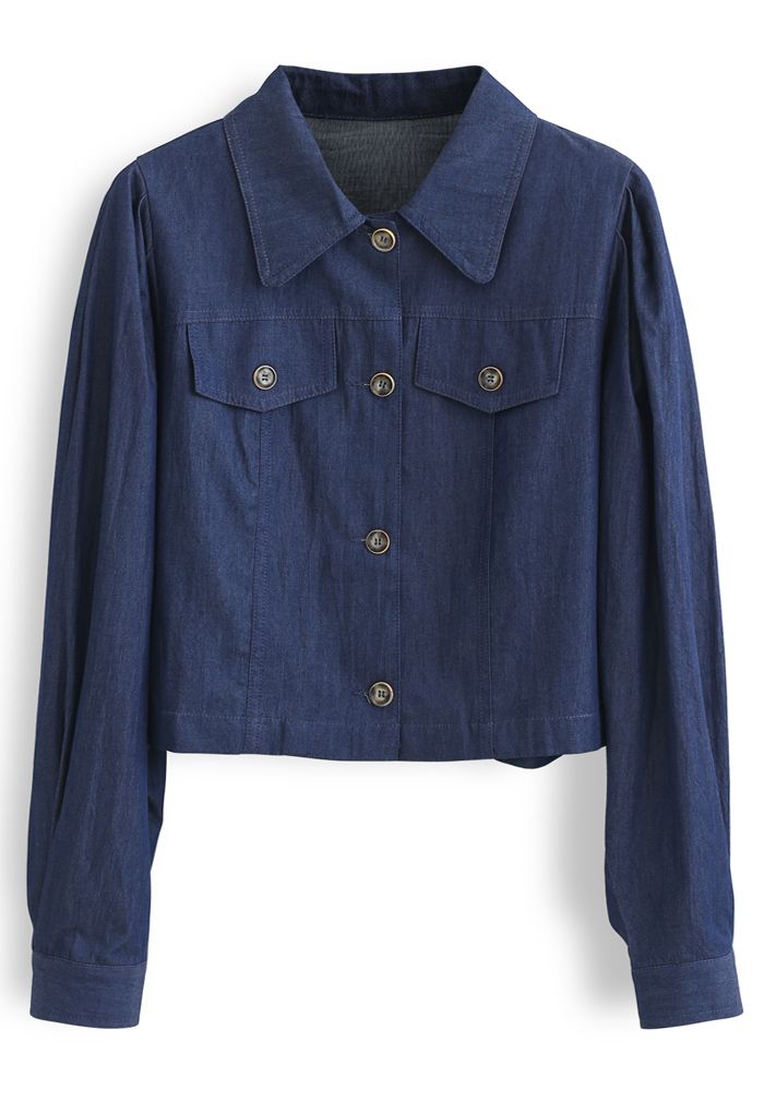 Buttoned Pleated Puff Sleeves Crop Denim Jacket in Navy