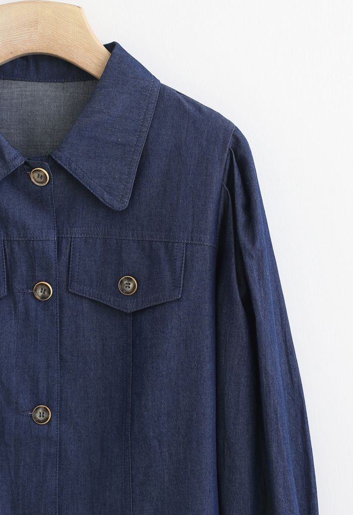 Buttoned Pleated Puff Sleeves Crop Denim Jacket in Navy