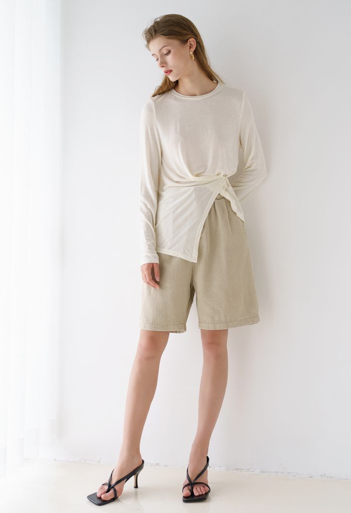 Side Button Sleeves Asymmetric Top in Ivory