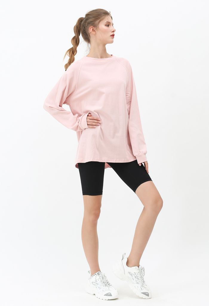 Long Sleeves Loose Pullover Sweatshirt in Pink