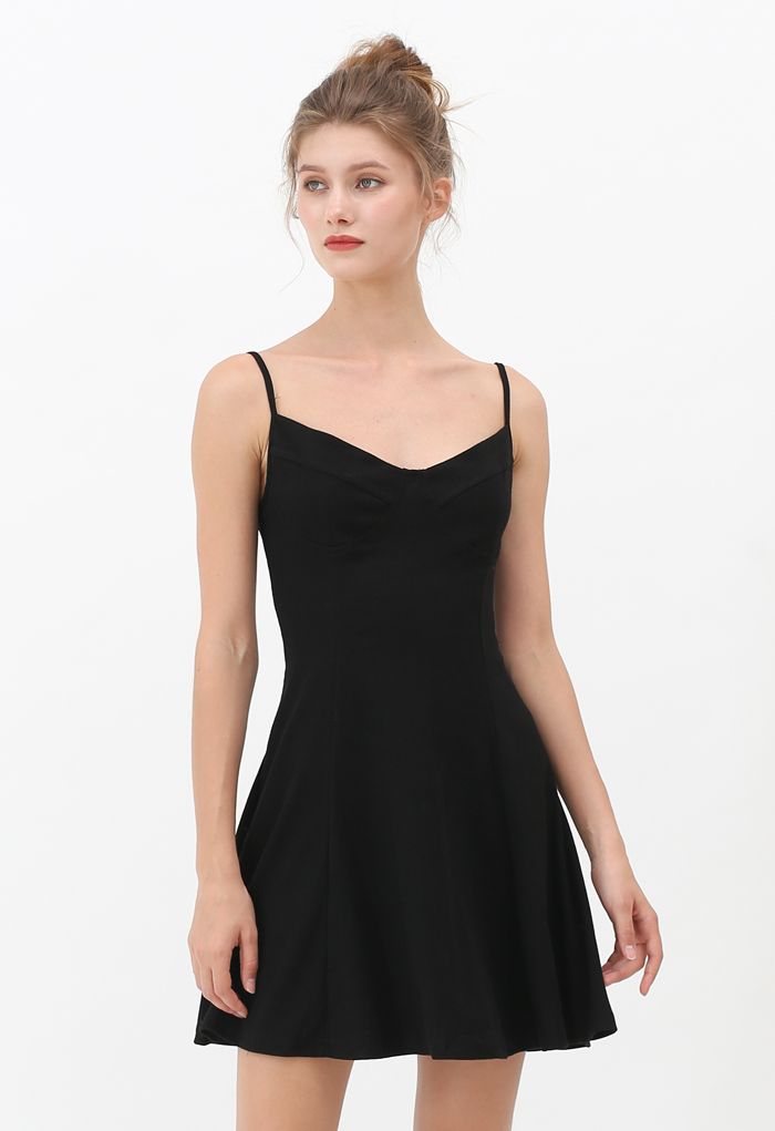 Fit and Flare Ribbed Cami Skater Dress in Black