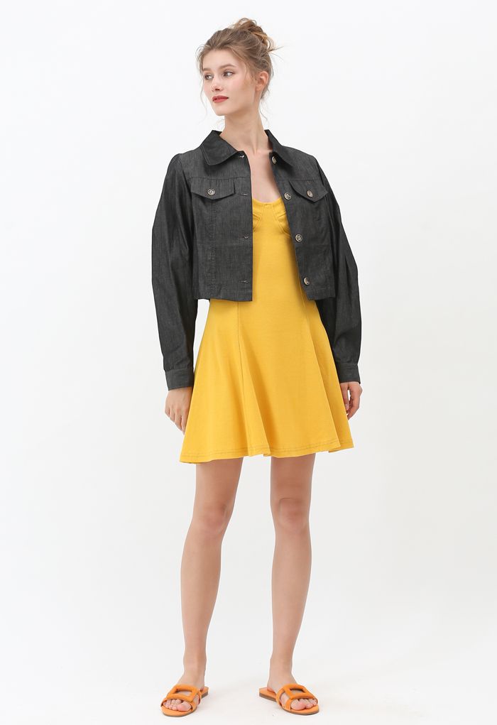 Buttoned Pleated Puff Sleeves Crop Denim Jacket in Smoke