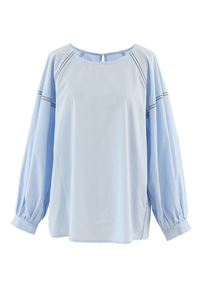Contrast Line Puff Sleeves Loose Top in Blue