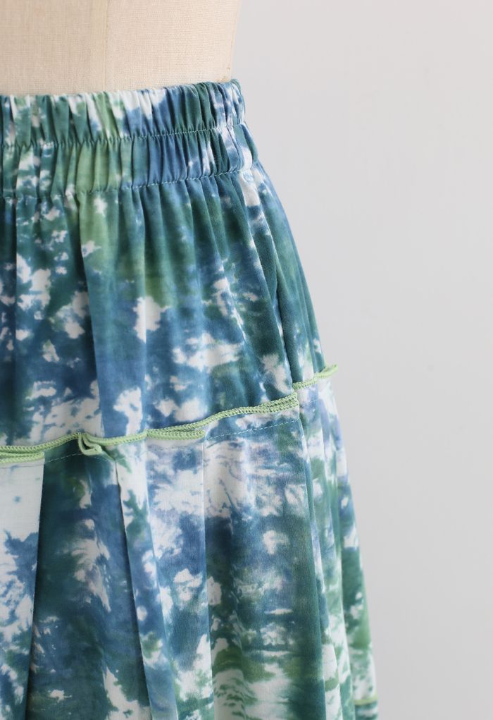 Tie-Dye Pleated Frill Midi Skirt in Teal