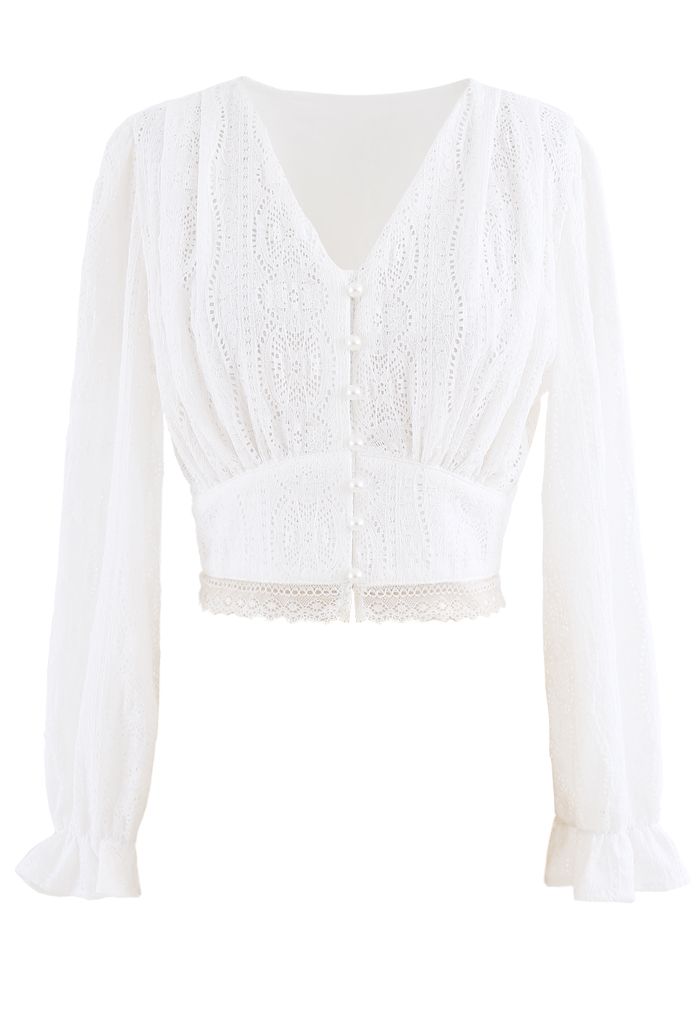 V-Neck Pearl Button Lace Top in White