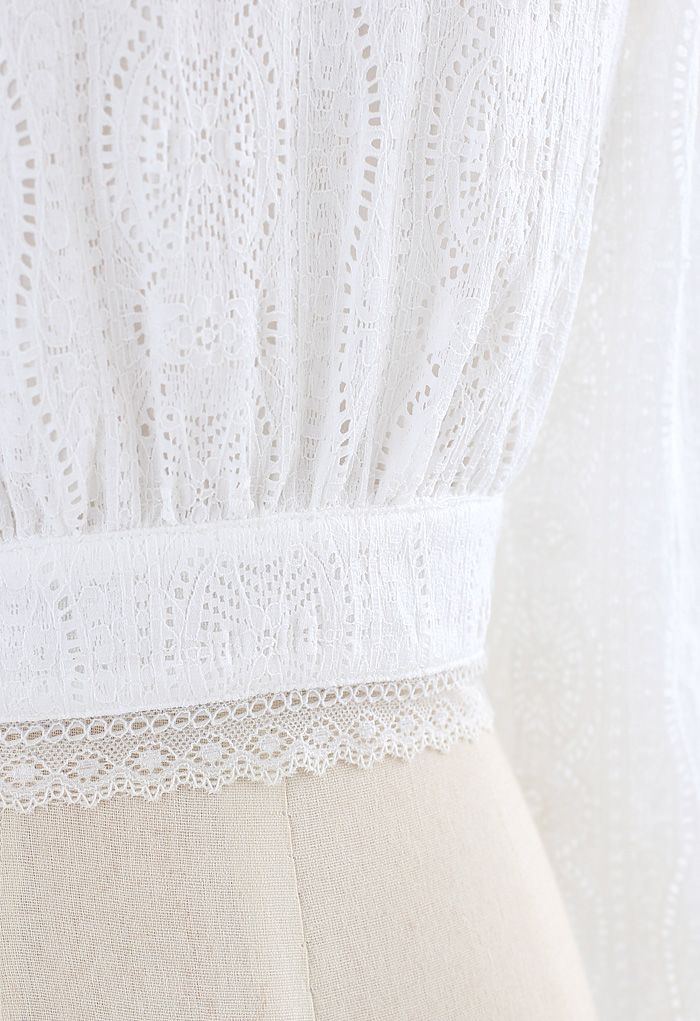 V-Neck Pearl Button Lace Top in White