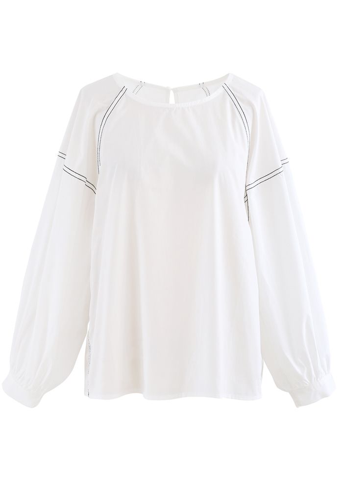 Contrast Line Puff Sleeves Loose Top in White