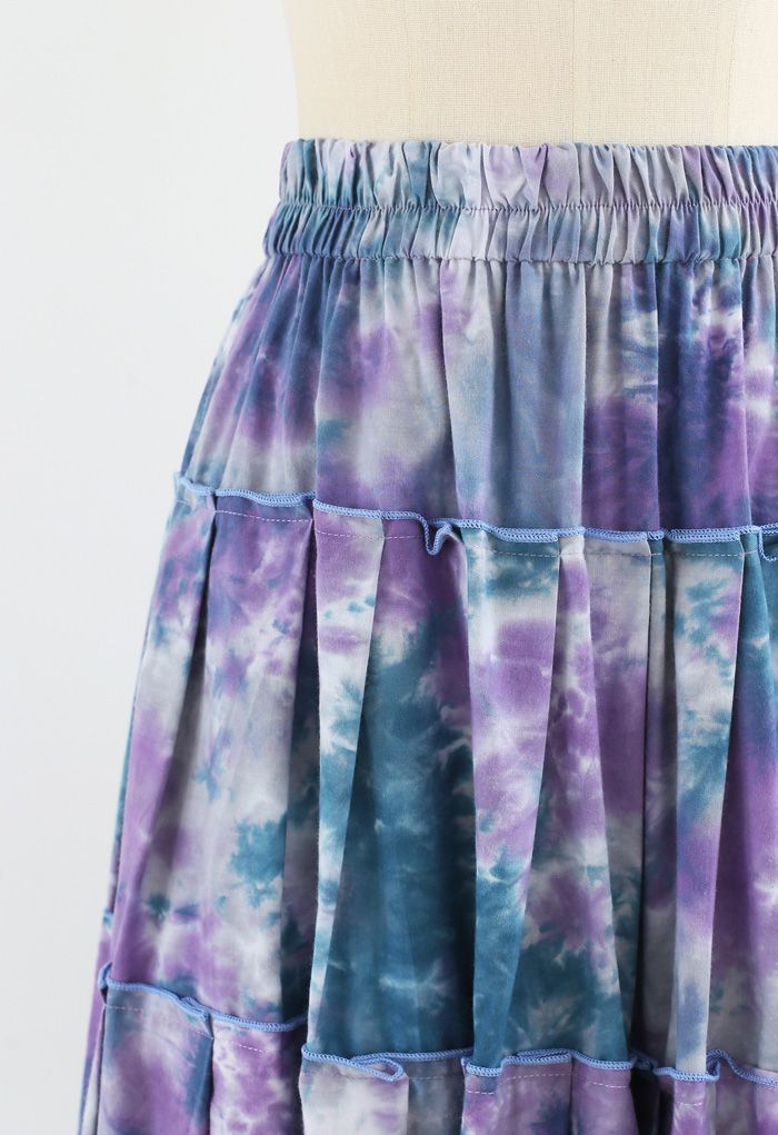 Tie-Dye Pleated Frill Midi Skirt in Purple
