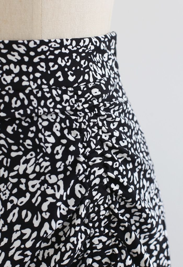 Animal Print Side Ruched Midi Skirt in Black
