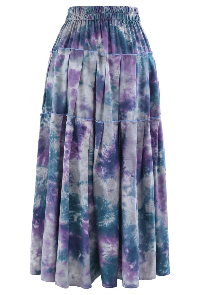 Tie-Dye Pleated Frill Midi Skirt in Purple