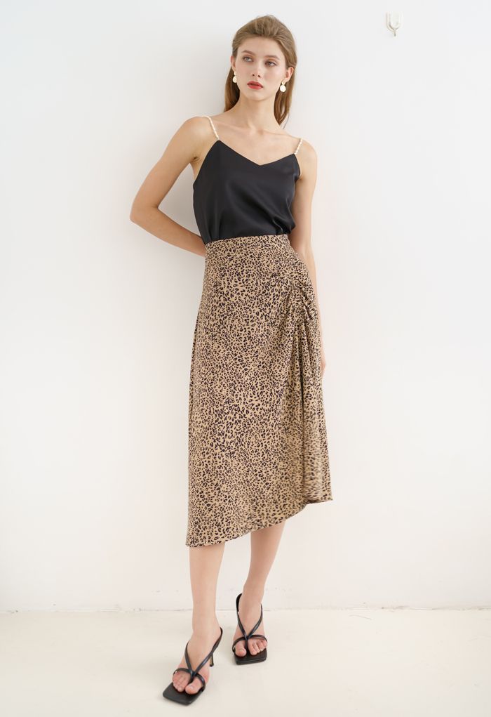 Animal Print Side Ruched Midi Skirt in Caramel