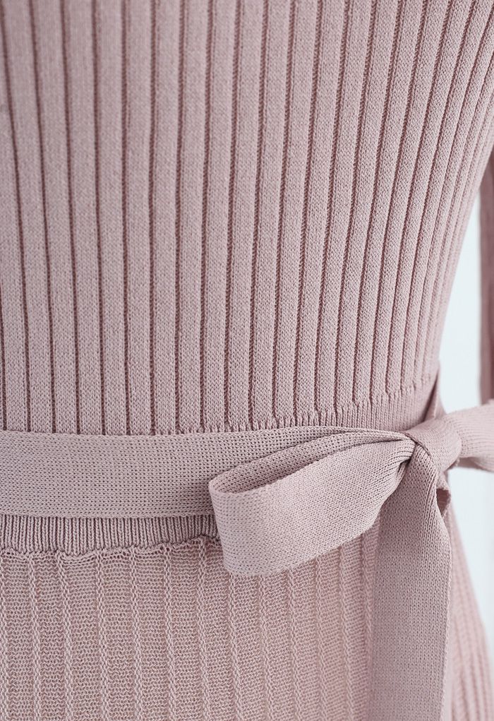 Mock Neck Fringed Hem Ribbed Knit Midi Dress in Pink