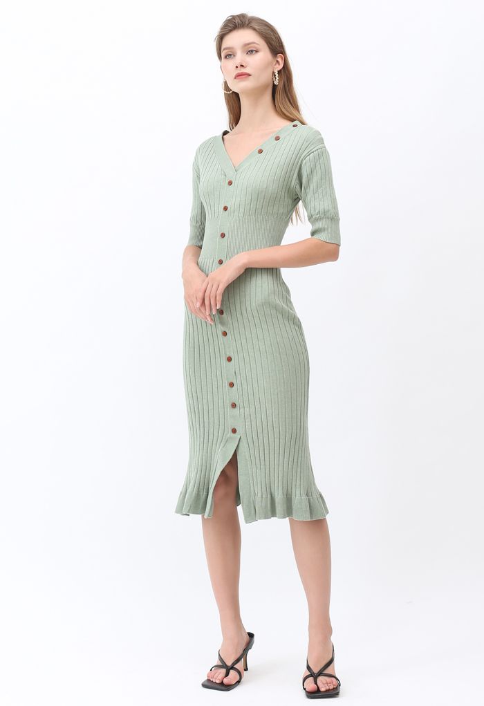 V-Neck Ruffle Button Trim Ribbed Knit Midi Dress in Pea Green