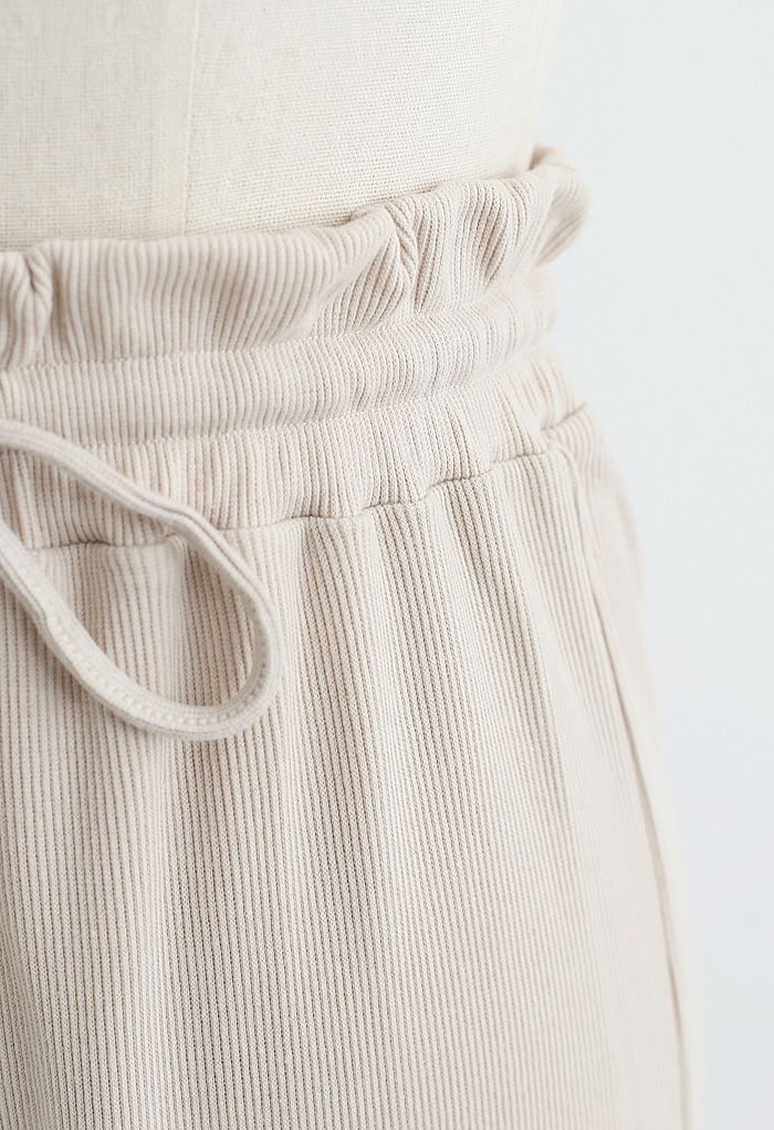 Drawstring Paper-Bag Waist Ribbed Yoga Pants in Sand