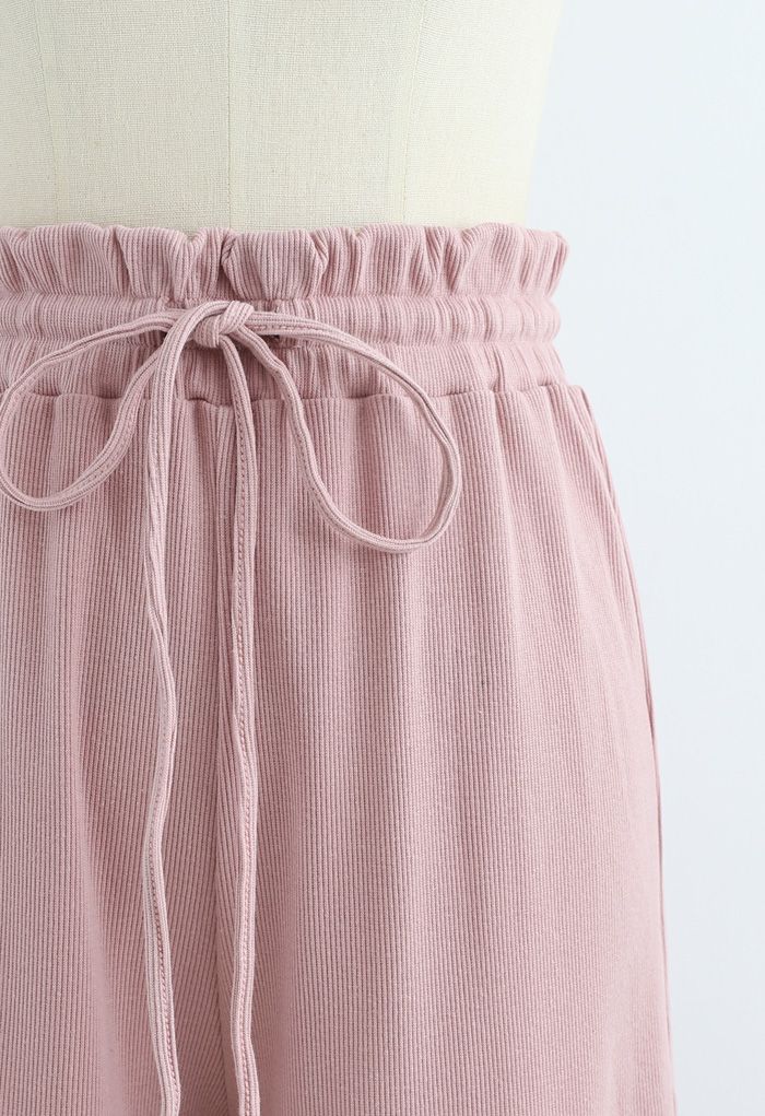 Drawstring Paper-Bag Waist Ribbed Yoga Pants in Pink