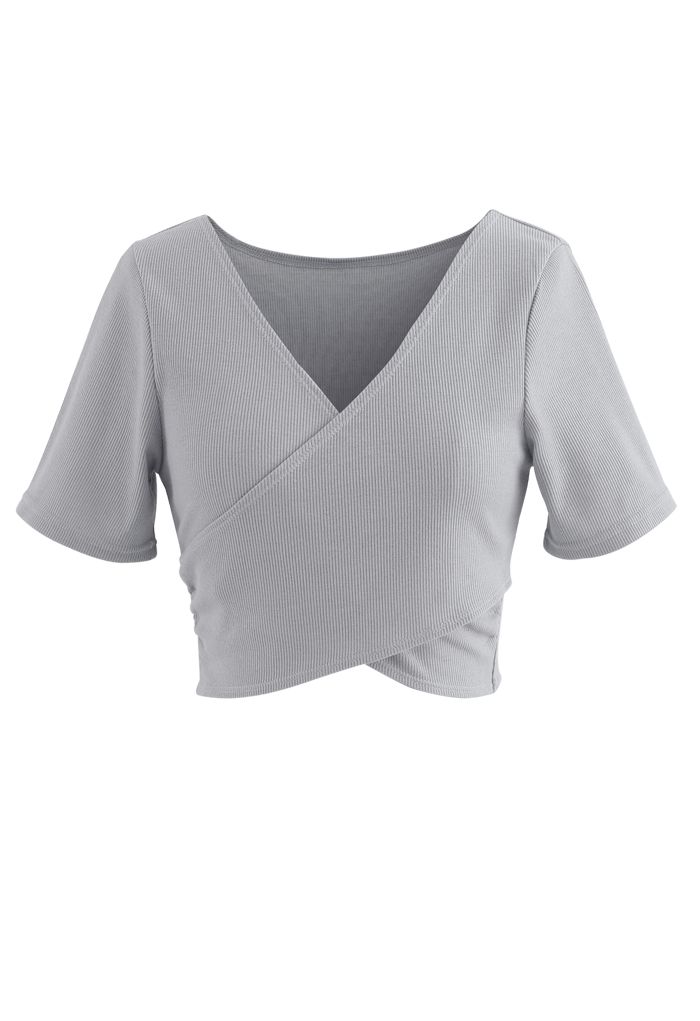 Crisscross Front Short Sleeves Ribbed Top in Grey
