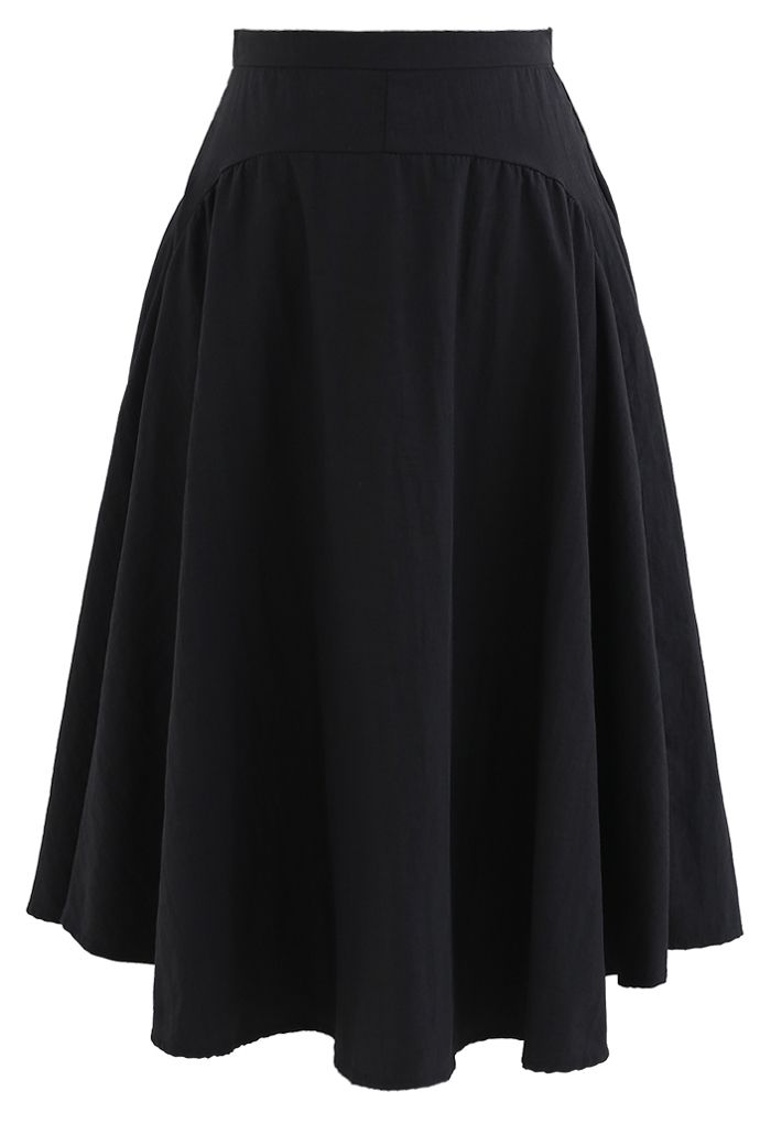 A-Line Asymmetric Flare Hem Midi Skirt in Black