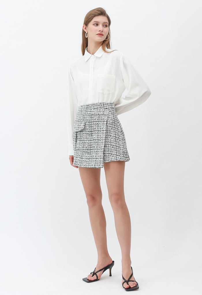 Tweed Asymmetric Mini Skirt in Black