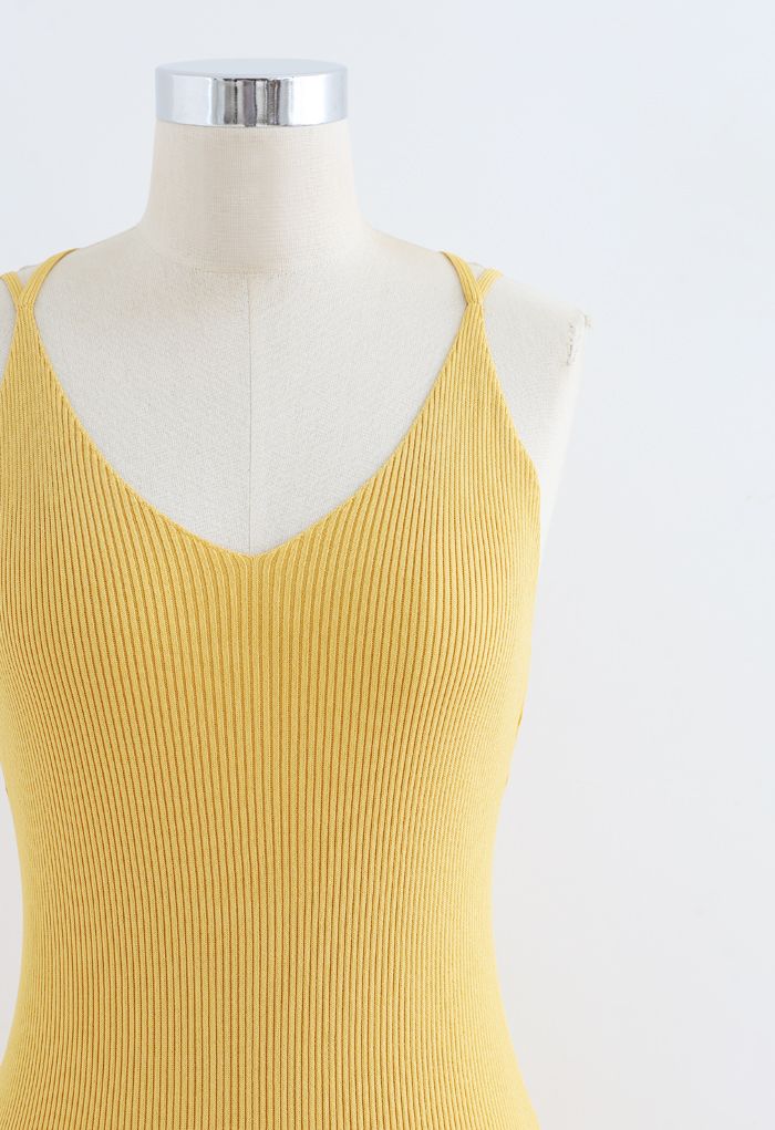 Fitted Ribbed Knit Cami Dress in Yellow