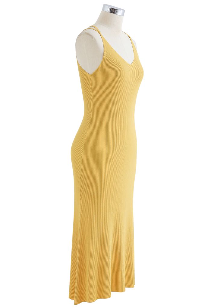 Fitted Ribbed Knit Cami Dress in Yellow